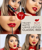رژ لب مایع مخملی مات سرژه ،بدون سرب،کد 101 (Classic Red)،حجم 10میل،قرمز کلاسیک با تناژ خنثی